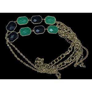 Y2k Chunky Glam Gold Tone Blue And Green Gemmed Multilayer Statement Necklace